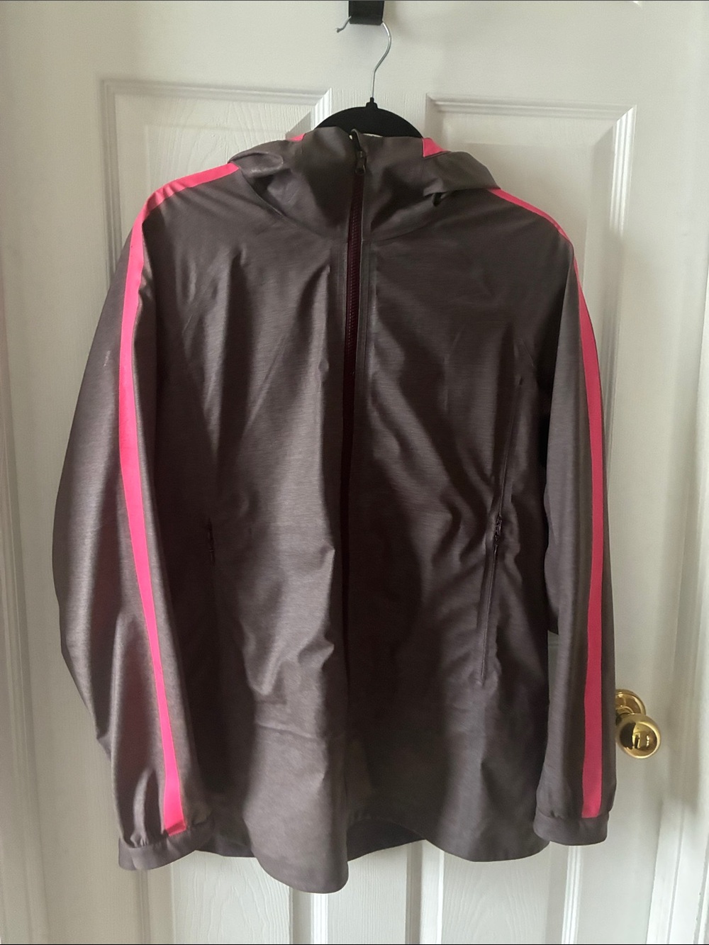 lululemon athletica Gray Hooded Rain Jacket with Pink Sleeve Stripes